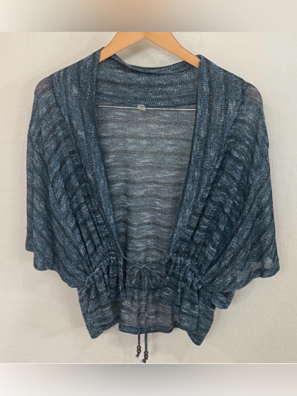 Ginger G Blue Shimmer Marled Knit Cardigan Size L Drawstring Waist Kimono Style